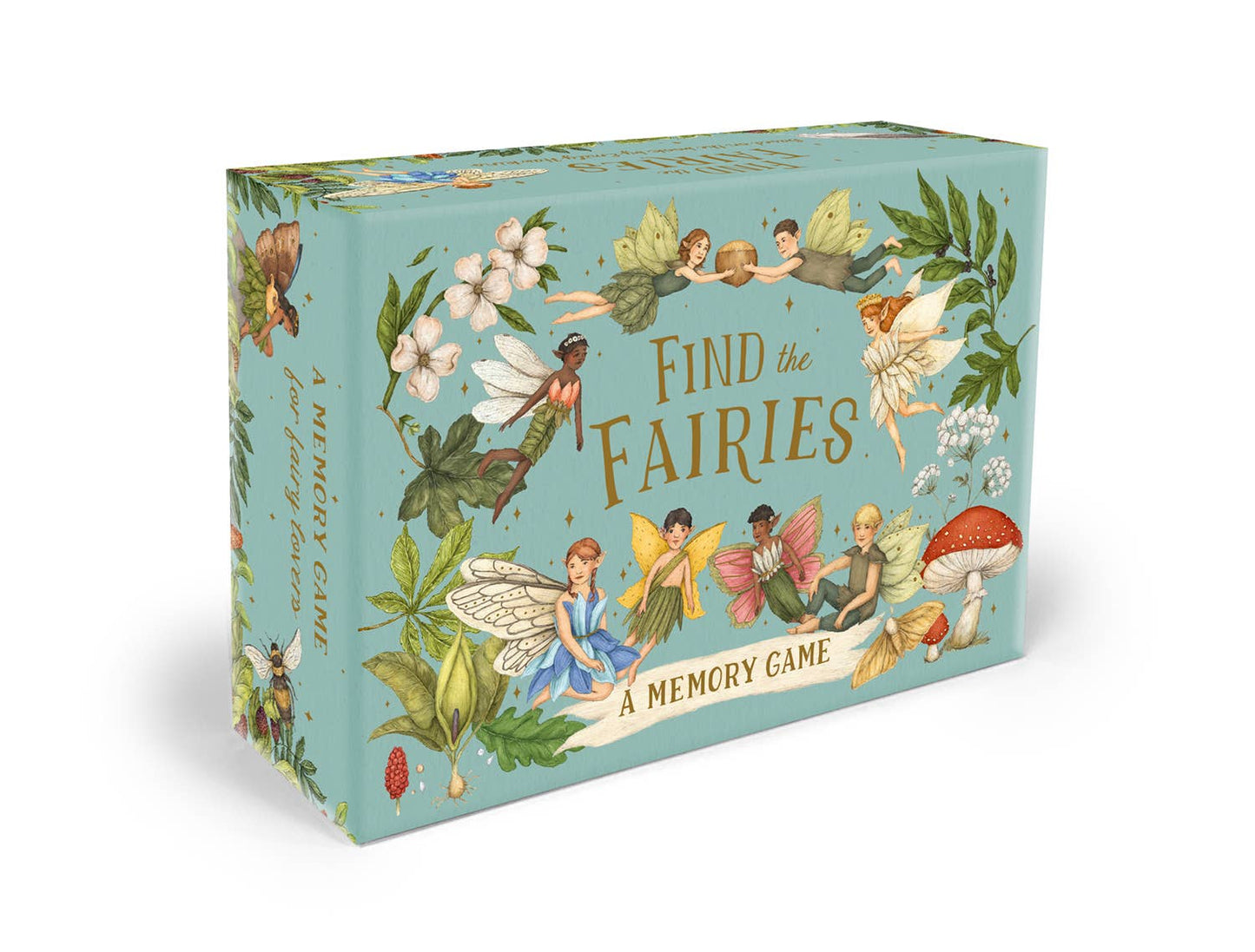 Memory game box with fairies and nature-themed design on a white background
