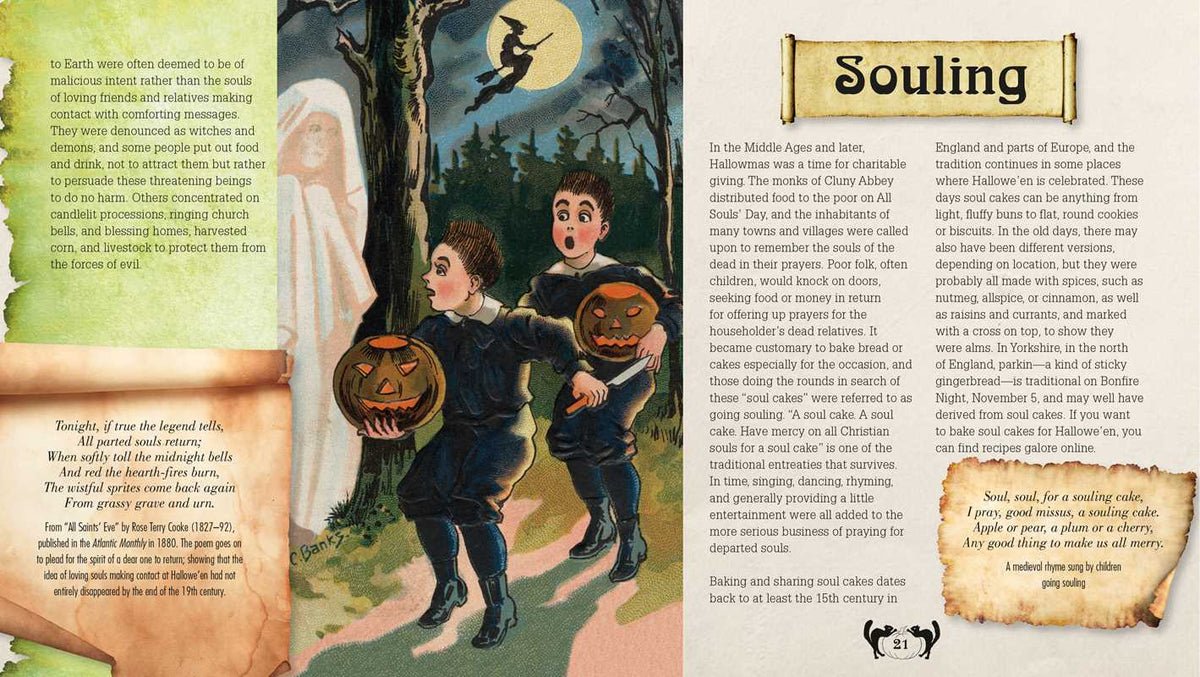 An open vintage-style book spread showing illustrated cover art on the left and printed text columns on the right, with the heading 'Souling' and decorative border elements.