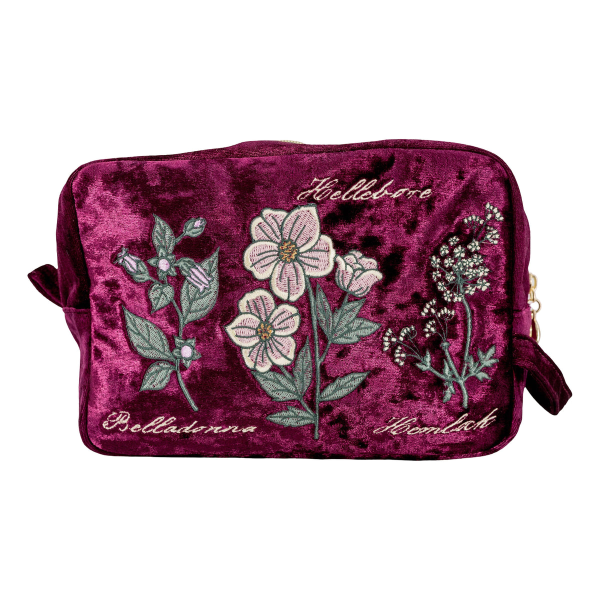 A deep magenta velvet cosmetic pouch featuring embroidered botanical designs of flowers and leaves with German names written in cursive script, shown on a plain white background.