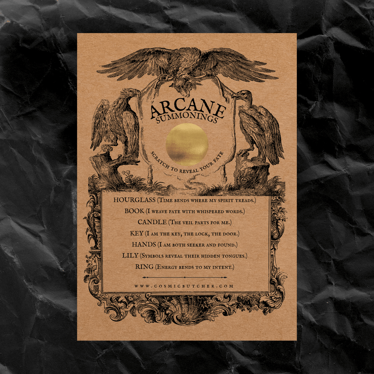 Vintage-style card with 'Arcane Summons' design featuring an eagle and moon on a dark background.