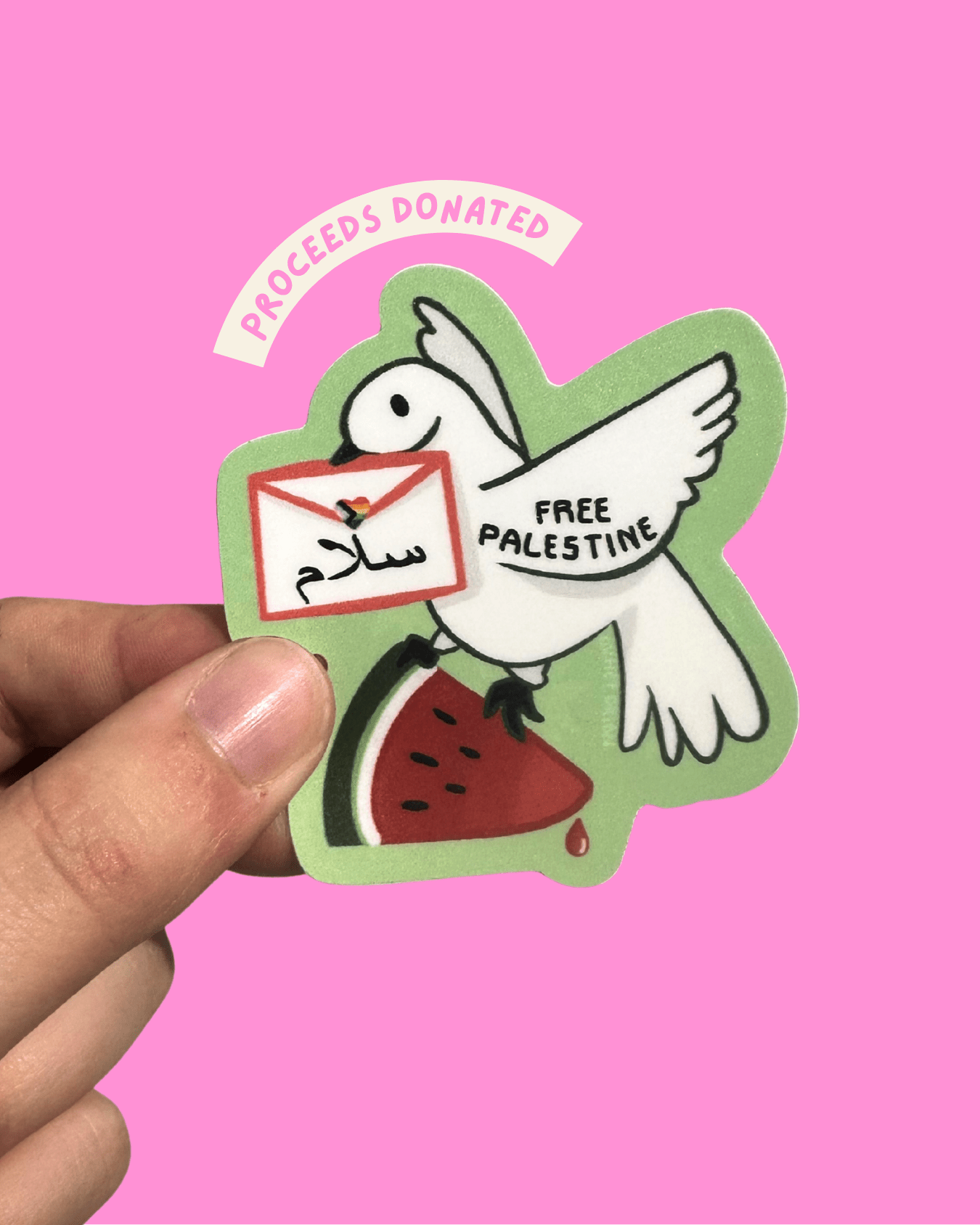 Sticker with a dove holding a flag and text on a pink background