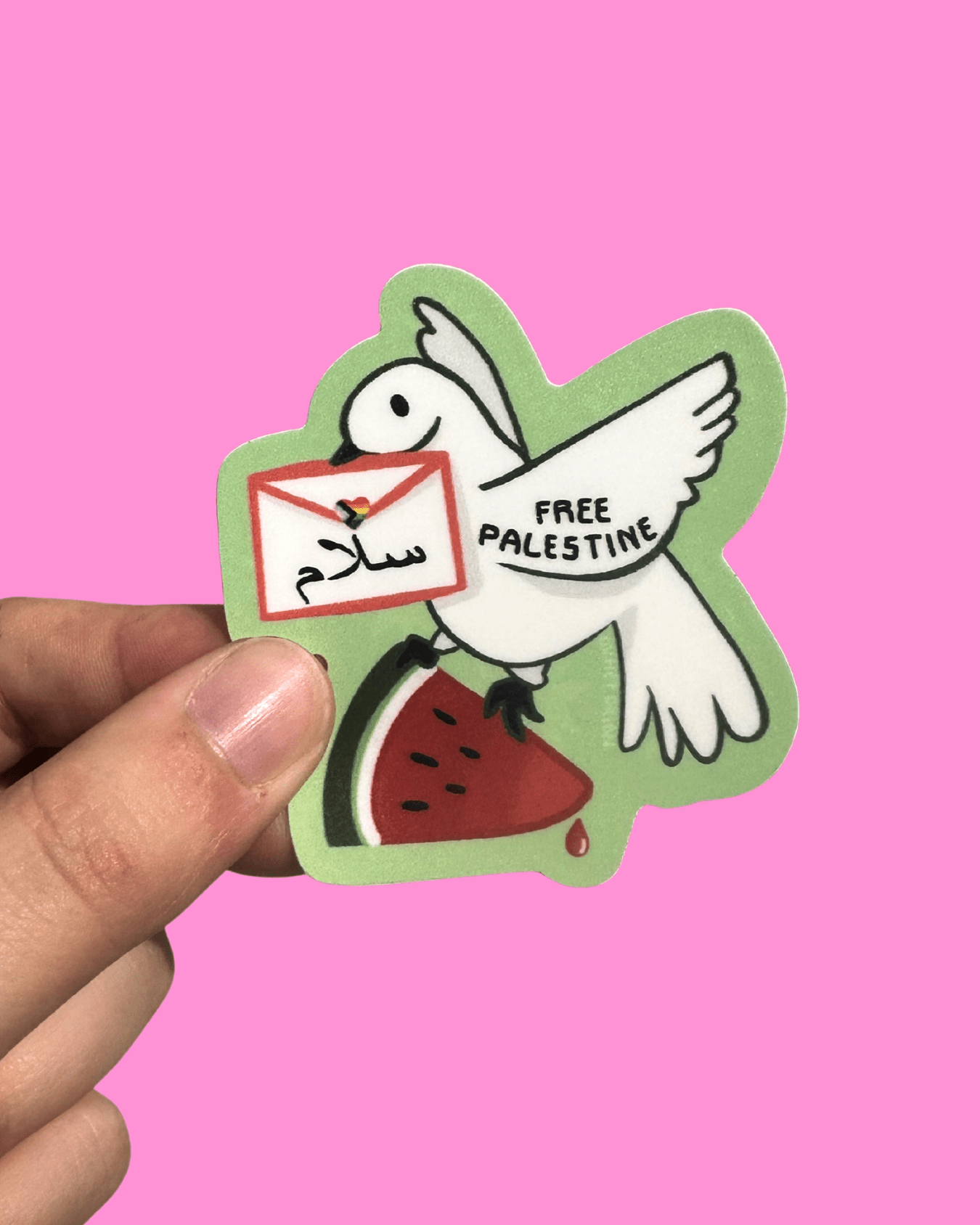 Sticker of a dove holding a sign with 'Free Palestine' text on a pink background