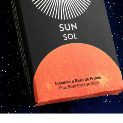Fruit base incense stick packaging with 'Sun' branding on a dark background