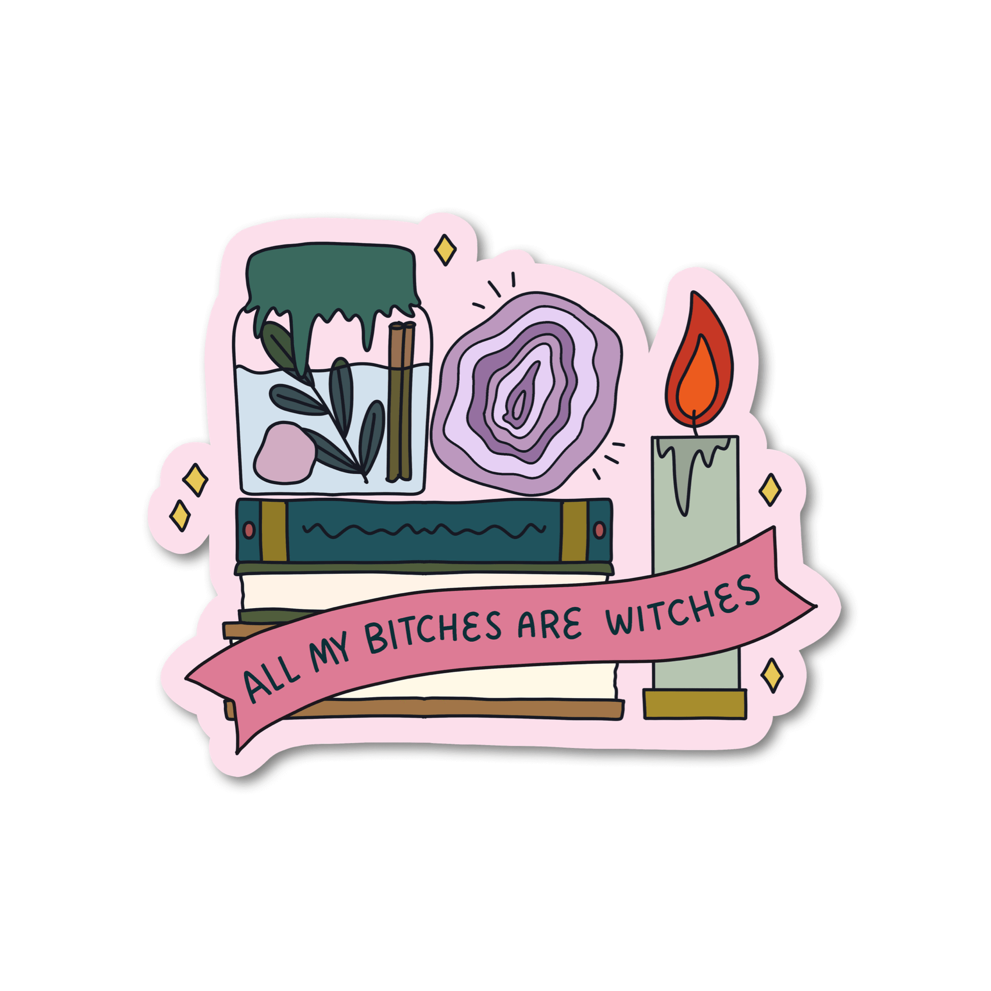 Sticker with books, a candle, and a banner reading 'All my bitches are witches' on a white background.