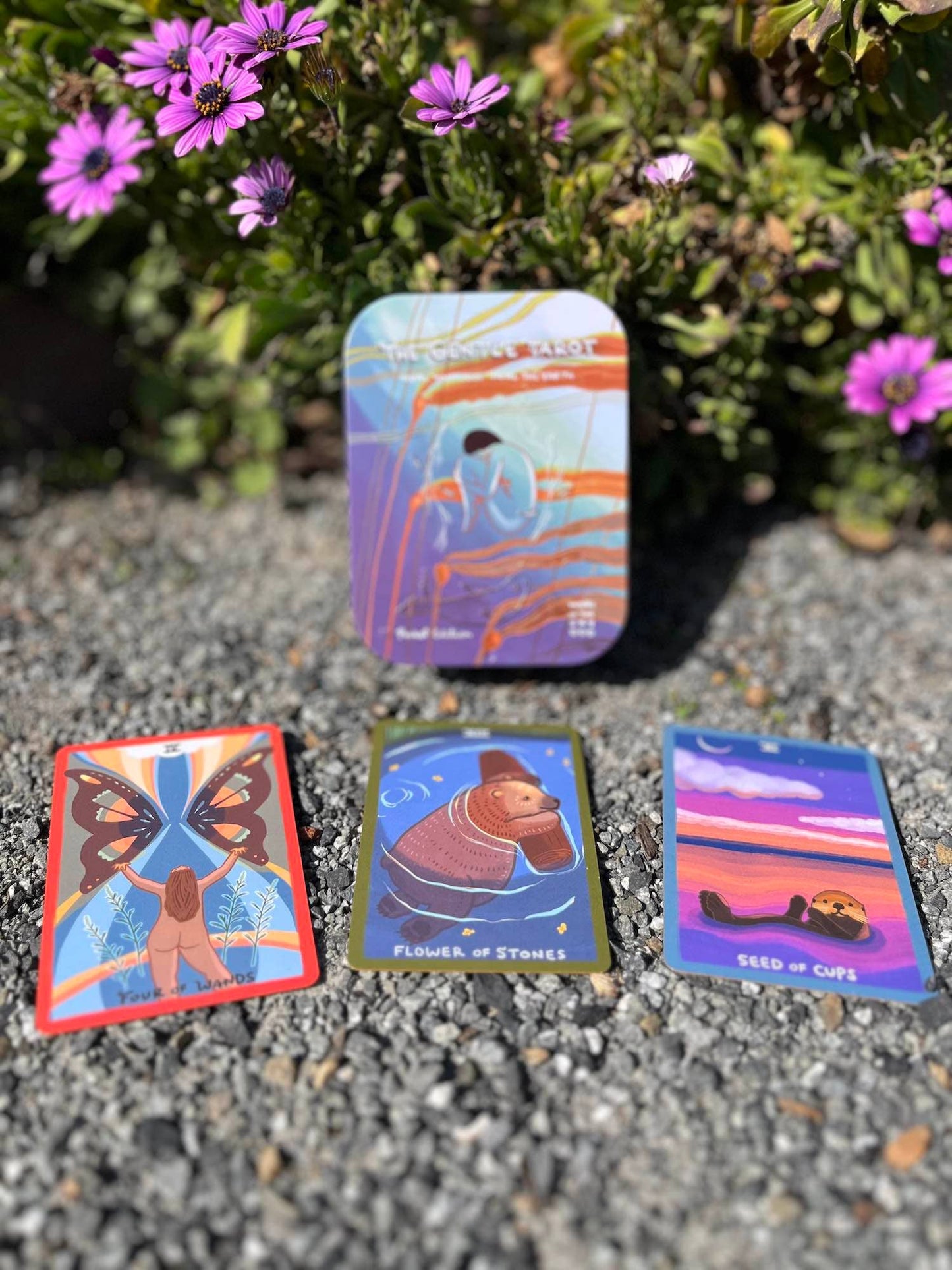 Four colorful tarot cards on a gravel surface with flowers in the background