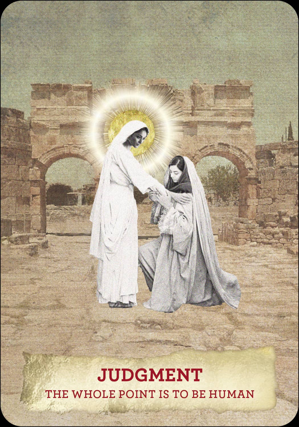 Two figures in white robes standing in front of an archway with 'Judgment' and 'The whole point is to be human' text.