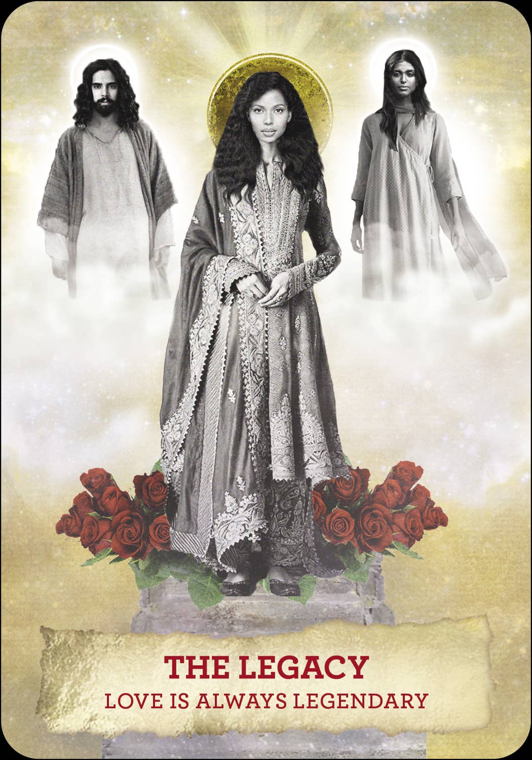 Three figures with a central figure in a detailed dress, surrounded by roses and the text 'The Legacy: Love is Always Legendary'.