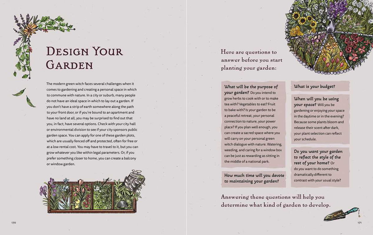 Book page with gardening advice and illustrations of plants