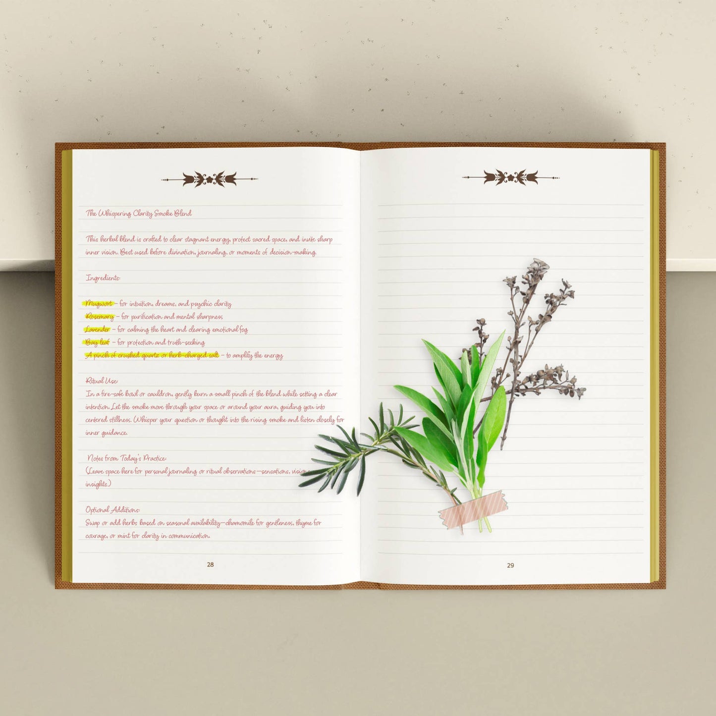 Open book with botanical illustration and text on a beige background