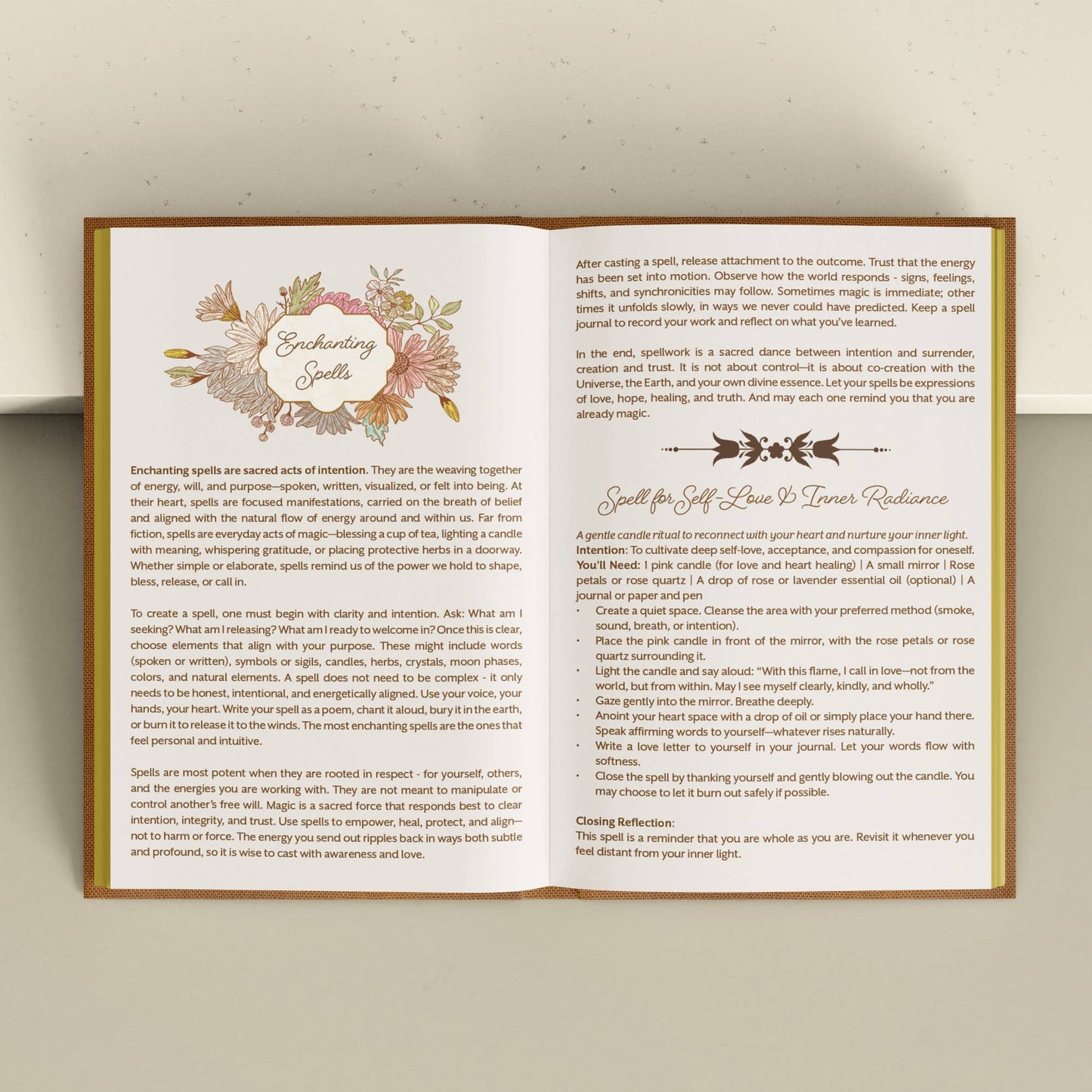 Decorative book with text and floral design on a beige background