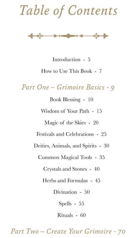 Table of contents for a book titled 'Grimoire Basics' with chapter headings and page numbers.