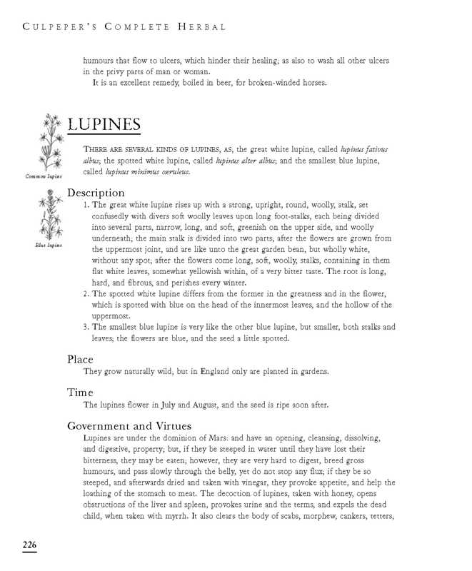Page from a book titled 'Culpeper's Complete Herbal' with text and illustrations about lupines.