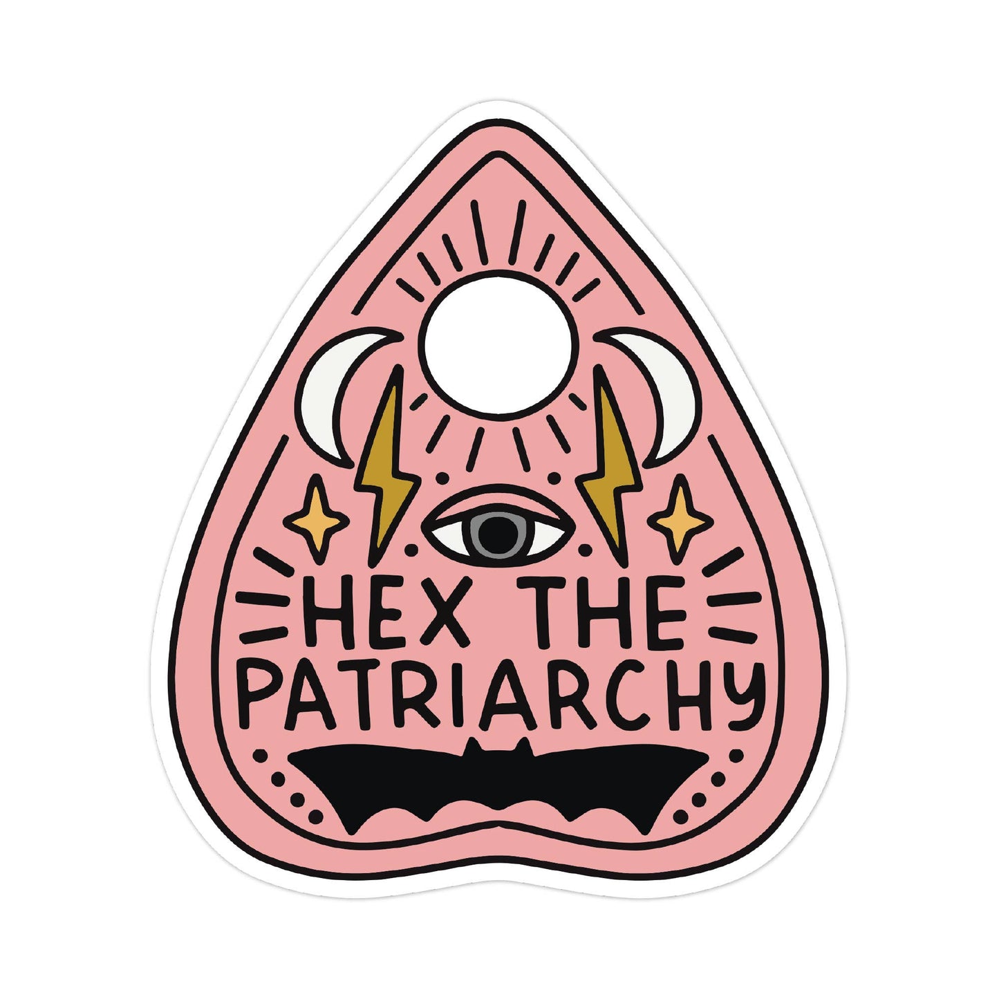 Pink sticker with eye, moon, and lightning bolt symbols and 'Hex the Patriarchy' text on a white background