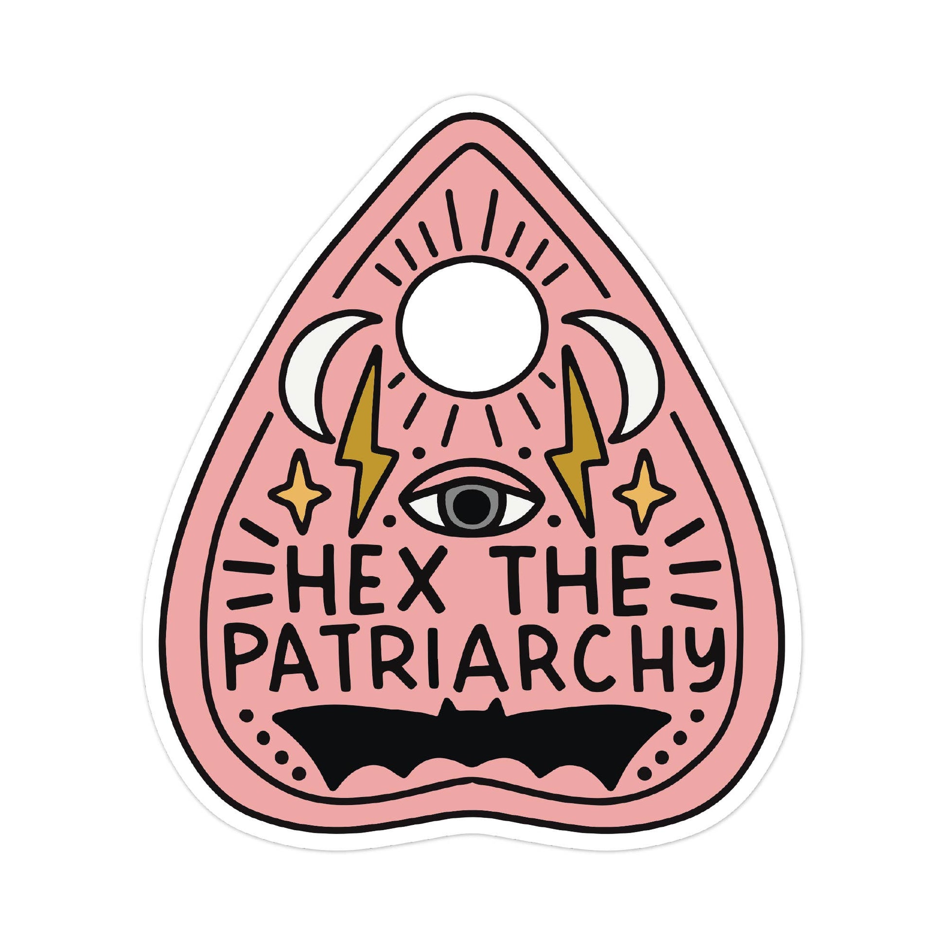 Pink sticker with eye, moon, and lightning bolt symbols and 'Hex the Patriarchy' text on a white background