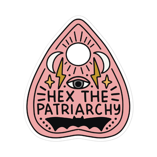 Pink sticker with eye, moon, and lightning bolt symbols and 'Hex the Patriarchy' text on a white background