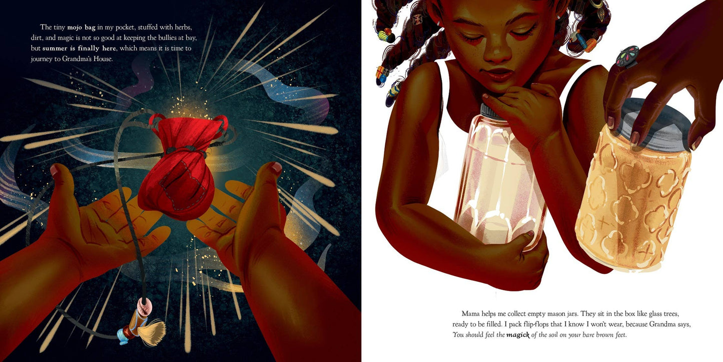 Illustration of a red bag being held by hands against a dark background, with a child holding a mason jar in another illustration.