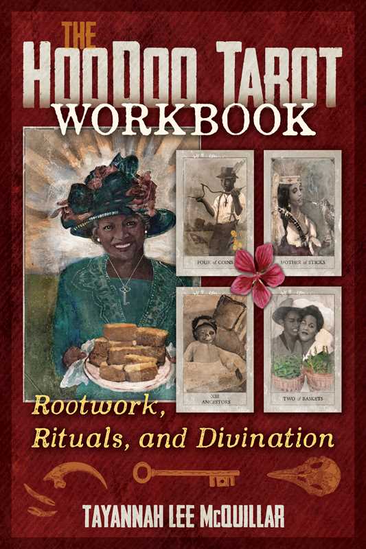 Book cover of 'The Hoodoo Tarot Workbook' with images of people and tarot cards on a red background.