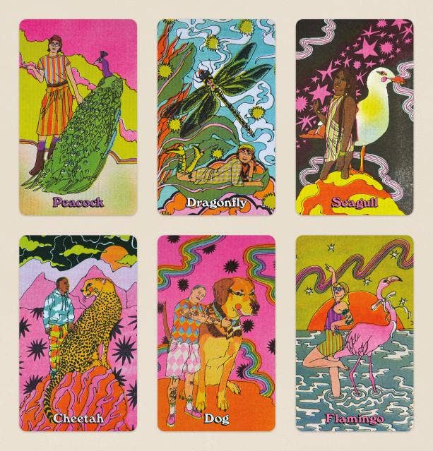 Set of six colorful cards featuring animals and people with psychedelic designs.