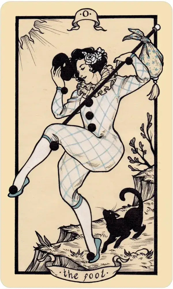 Vintage-style tarot card featuring a person in a checkered dress with a black cat, titled 'The Fool'.