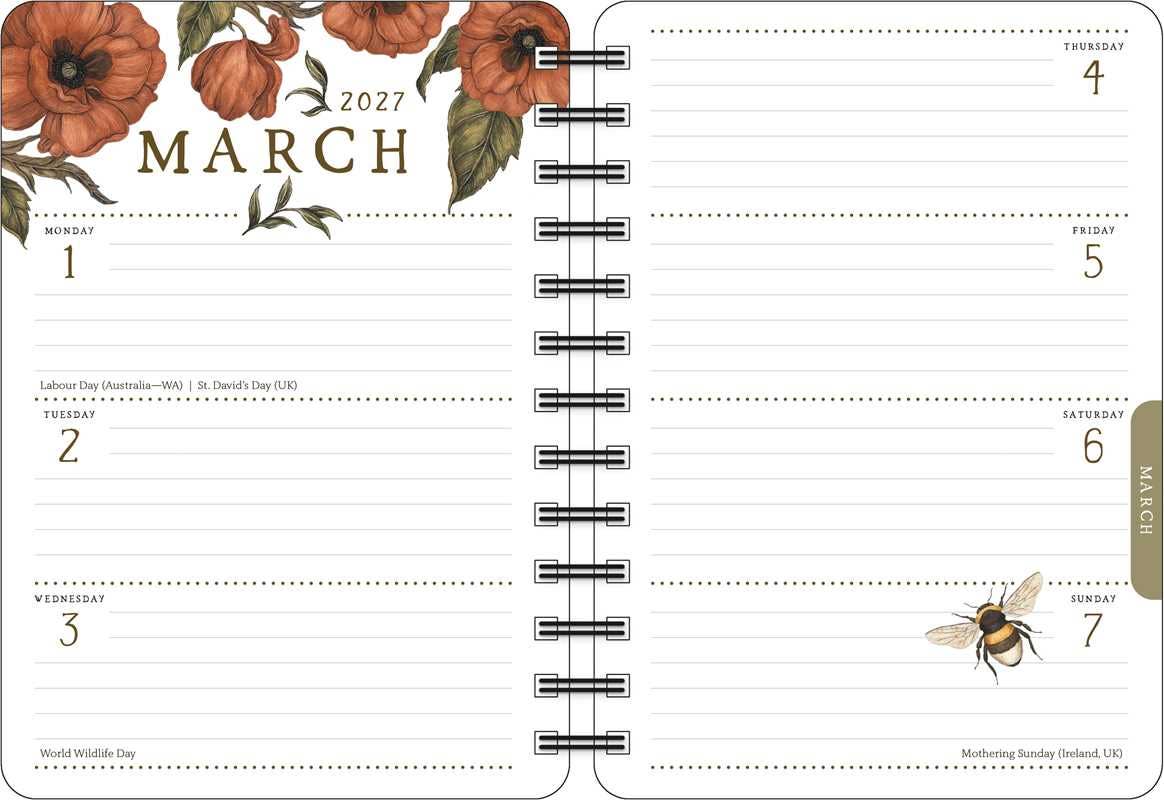 Floral-themed planner with March 2027 layout featuring flowers and a bee.
