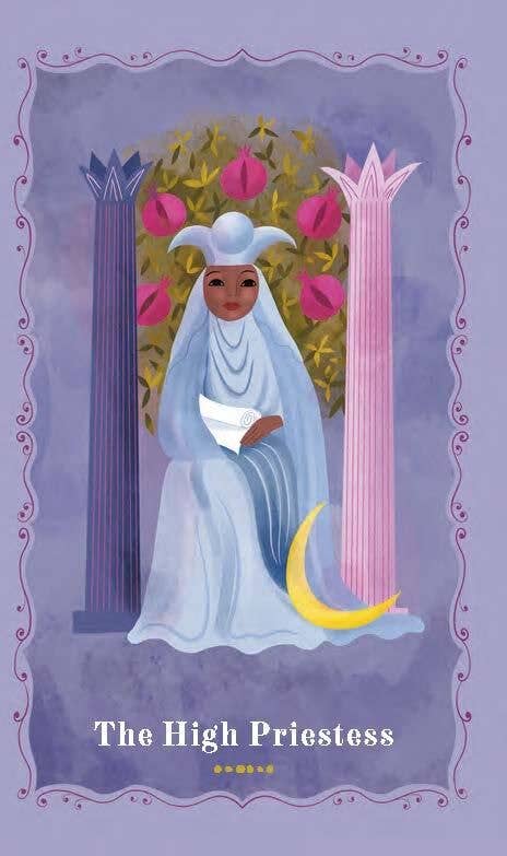 Card featuring 'The High Priestess' with a figure in a white robe and headscarf, surrounded by flowers and a crescent moon on a purple background.