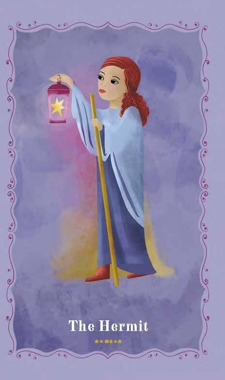 Card featuring 'The Hermit' with a figure holding a lantern against a purple background