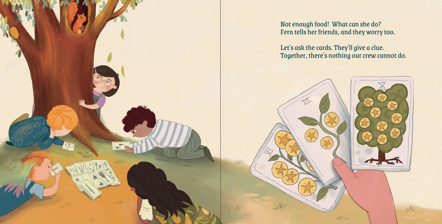 A children's book spread showing an illustrated scene of children gathered around a tree, with text on the right and two cards shown in a hand. The cards feature a tree and yellow flowers.