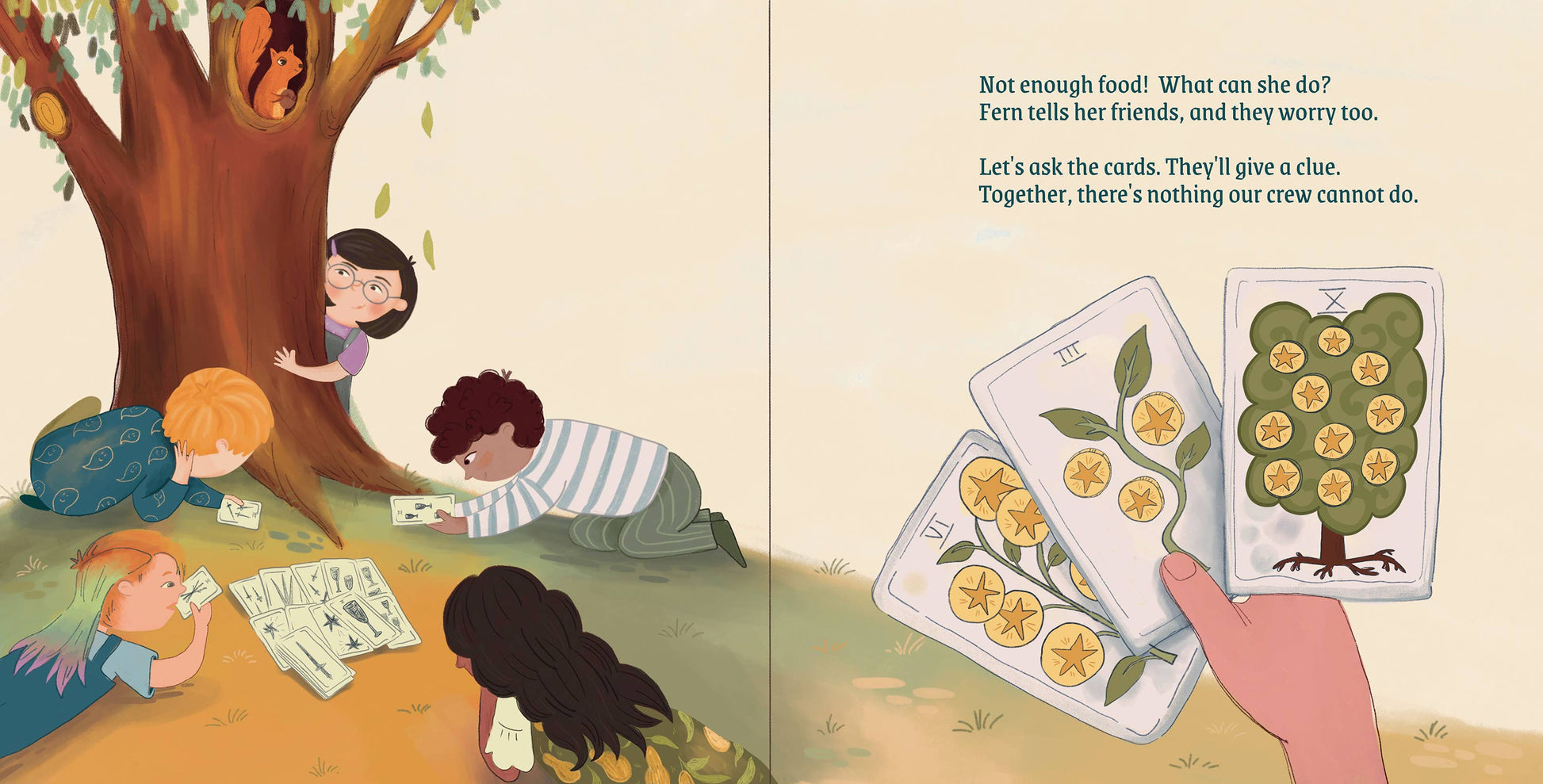 A children's book spread showing an illustrated scene of children gathered around a tree, with text on the right and two cards shown in a hand. The cards feature a tree and yellow flowers.