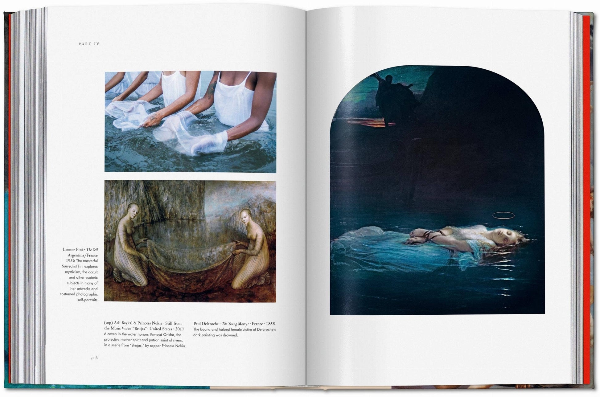 Open book showing classical art illustrations of figures in water.