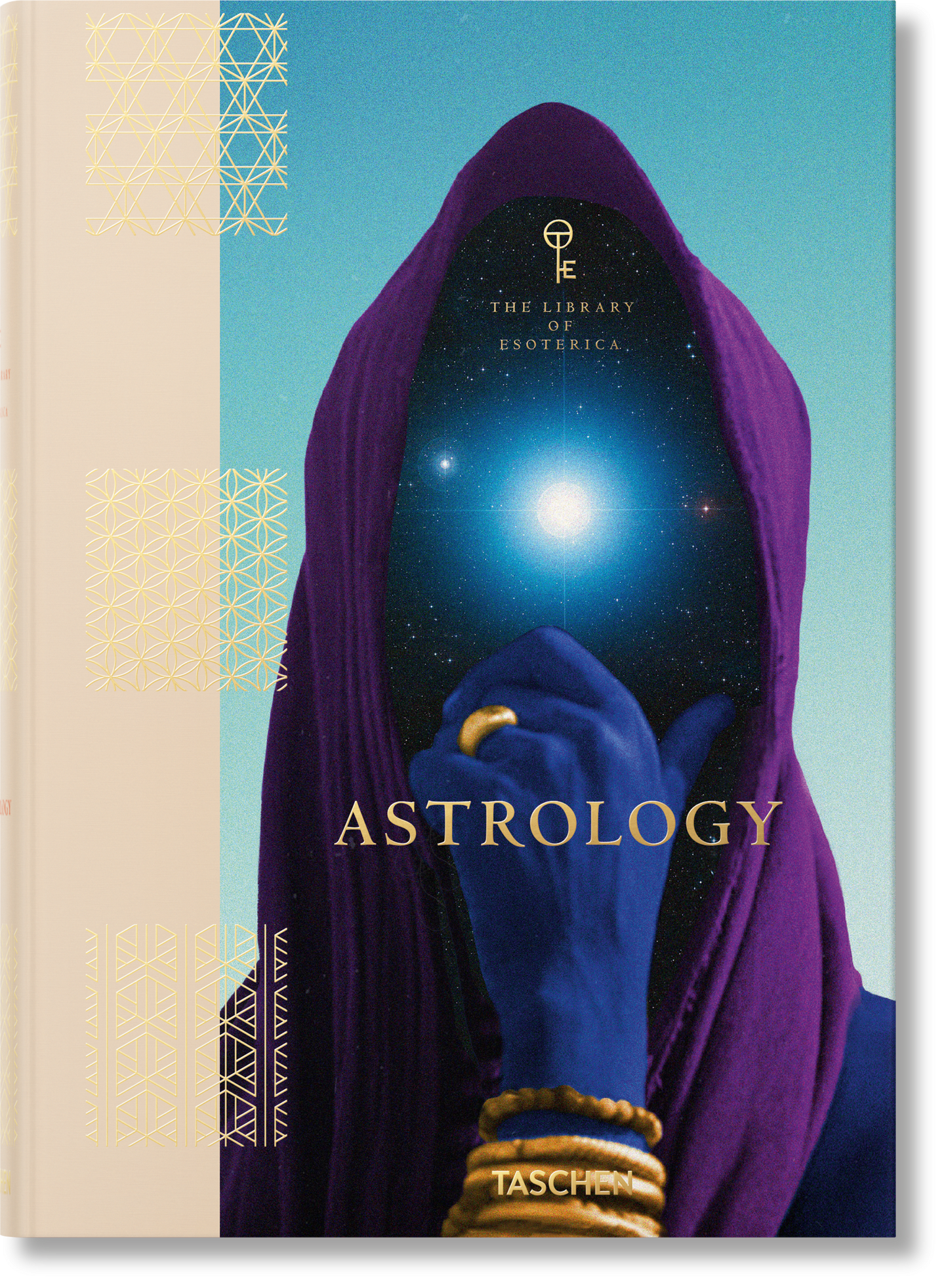 Book cover of 'Astrology' by Taschen with a person in a purple hood holding a globe against a blue sky.