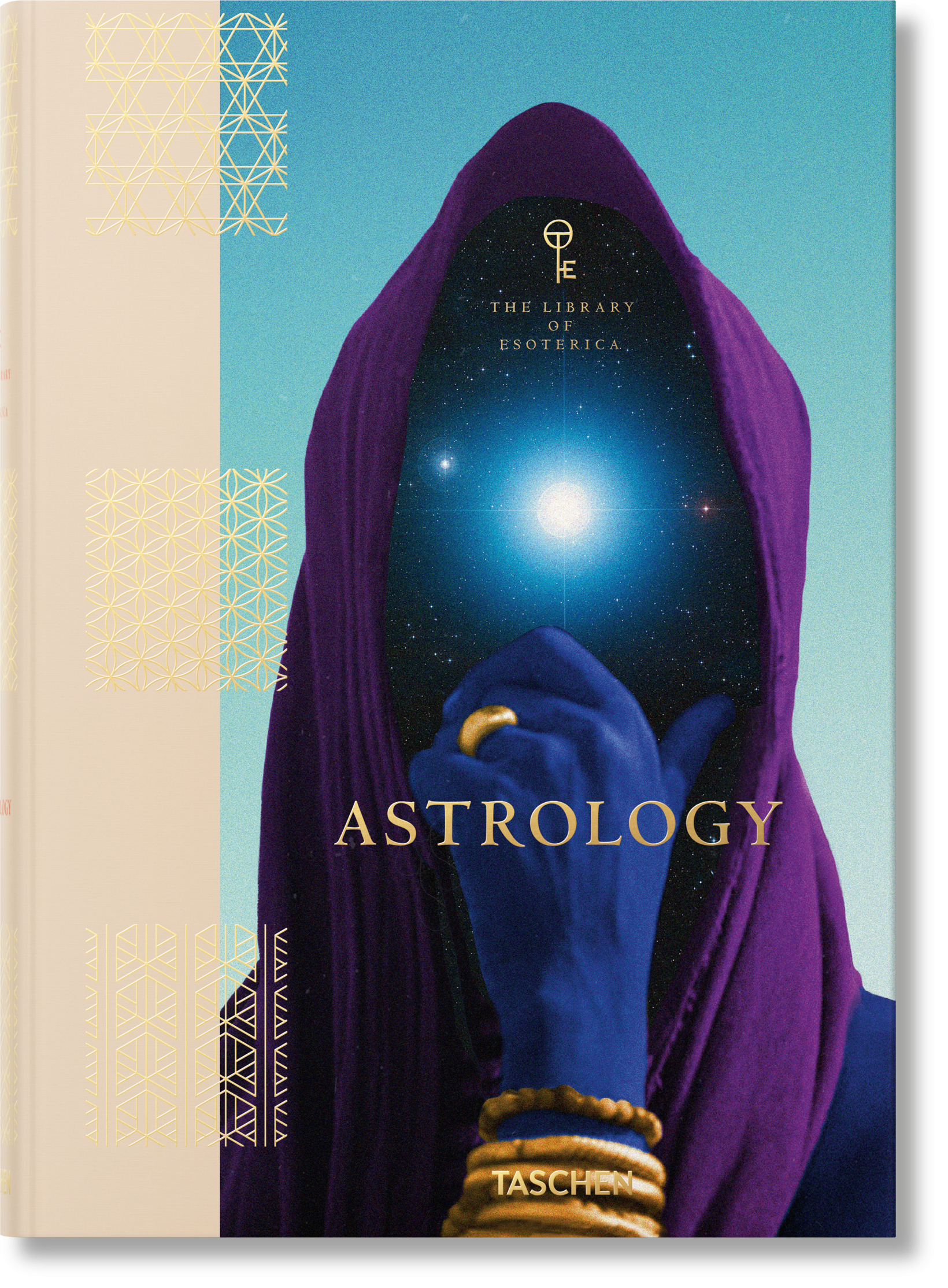 Book cover of 'Astrology' by Taschen with a person in a purple hood holding a globe against a blue sky.