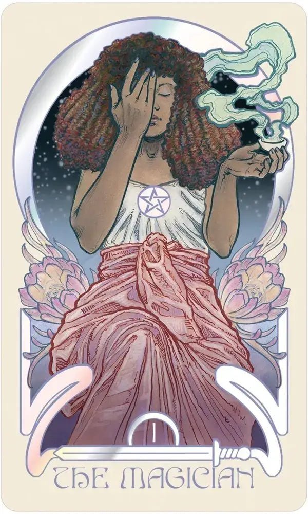 Tarot card featuring a person with curly hair, holding a smoking staff, with 'The Magician' at the bottom.