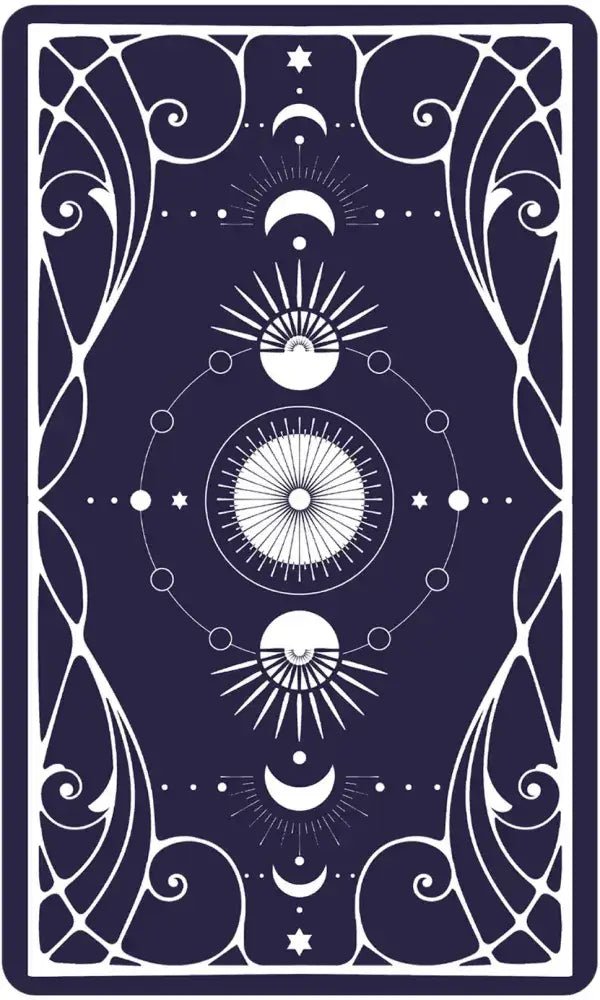 A square art print or card design featuring a symmetrical celestial pattern with crescent moons, suns, stars, and ornate scrollwork in white on a dark navy blue background.