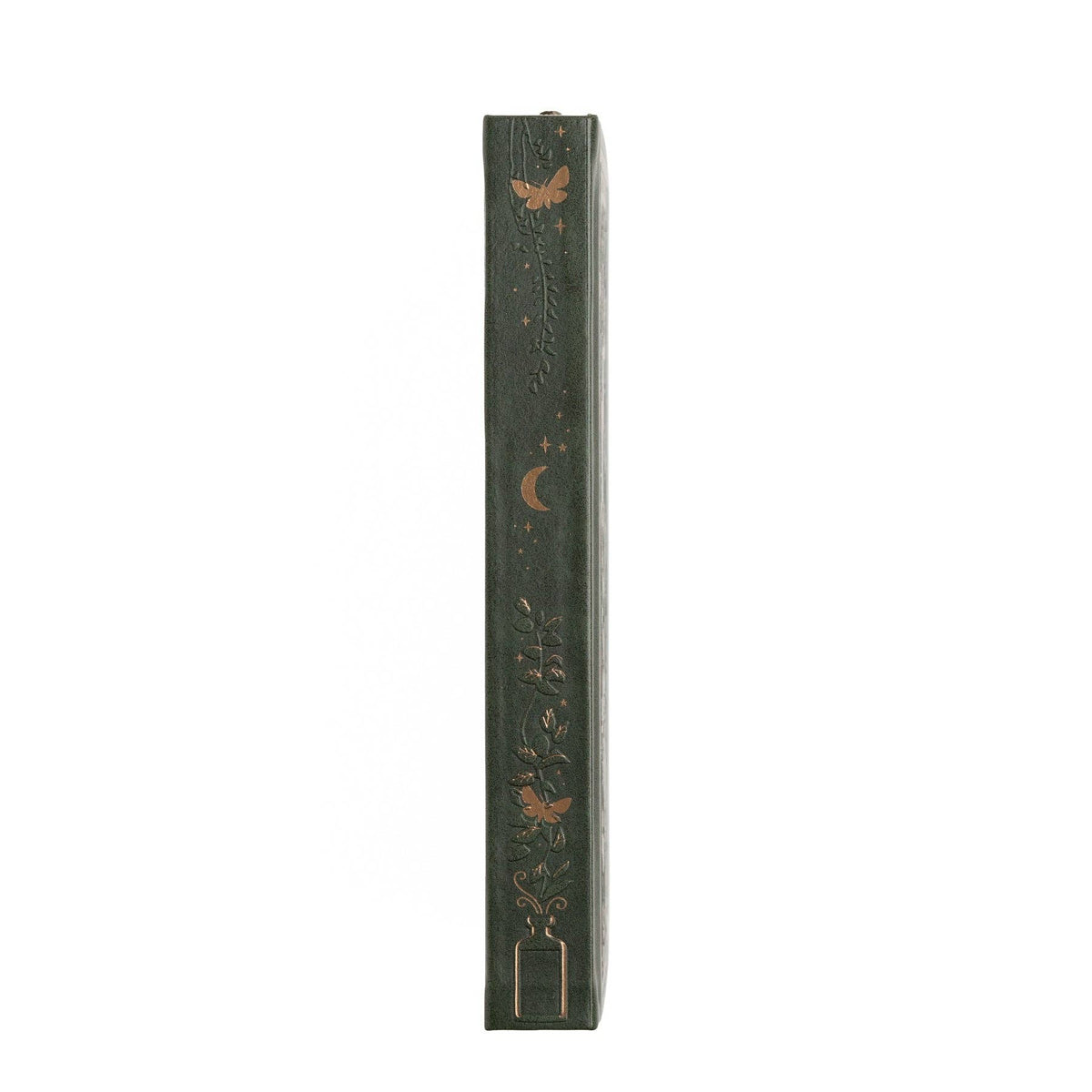 A tall, narrow dark green book spine with gold decorative illustrations of butterflies, a crescent moon, stars, and floral motifs, shown against a plain white background.