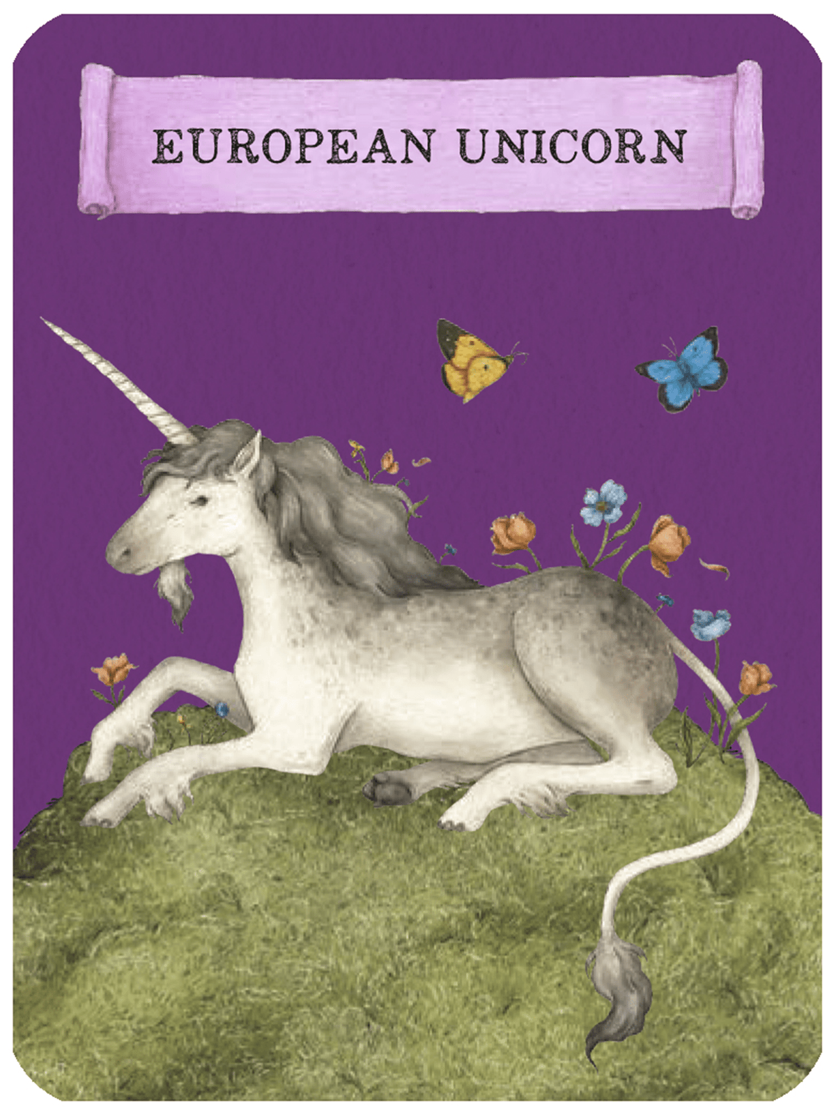 A fantasy art print or card titled 'EUROPEAN UNICORN' on a purple background, showing a white and gray unicorn lying on green grass with flowers and butterflies around it.