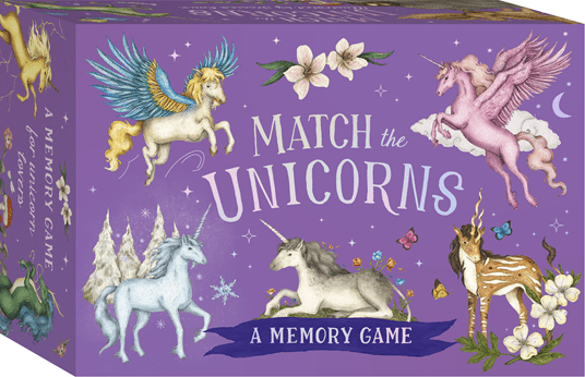 Memory game box with unicorn illustrations on a purple background