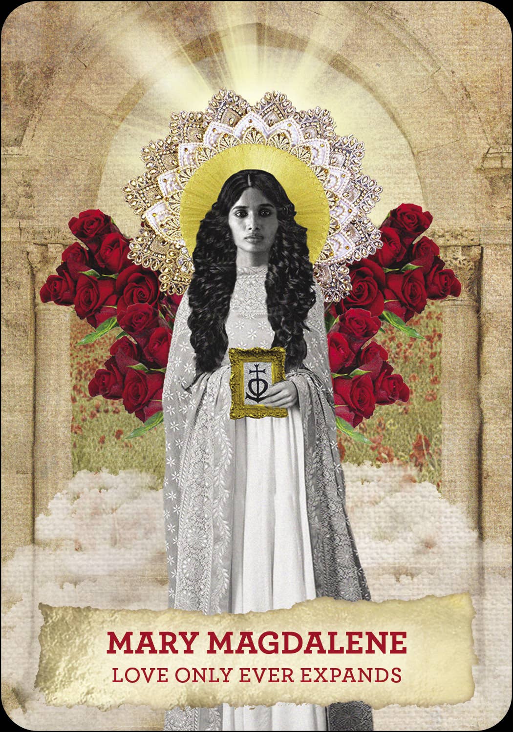 Illustration of Mary Magdalene with red roses and a quote on a textured background