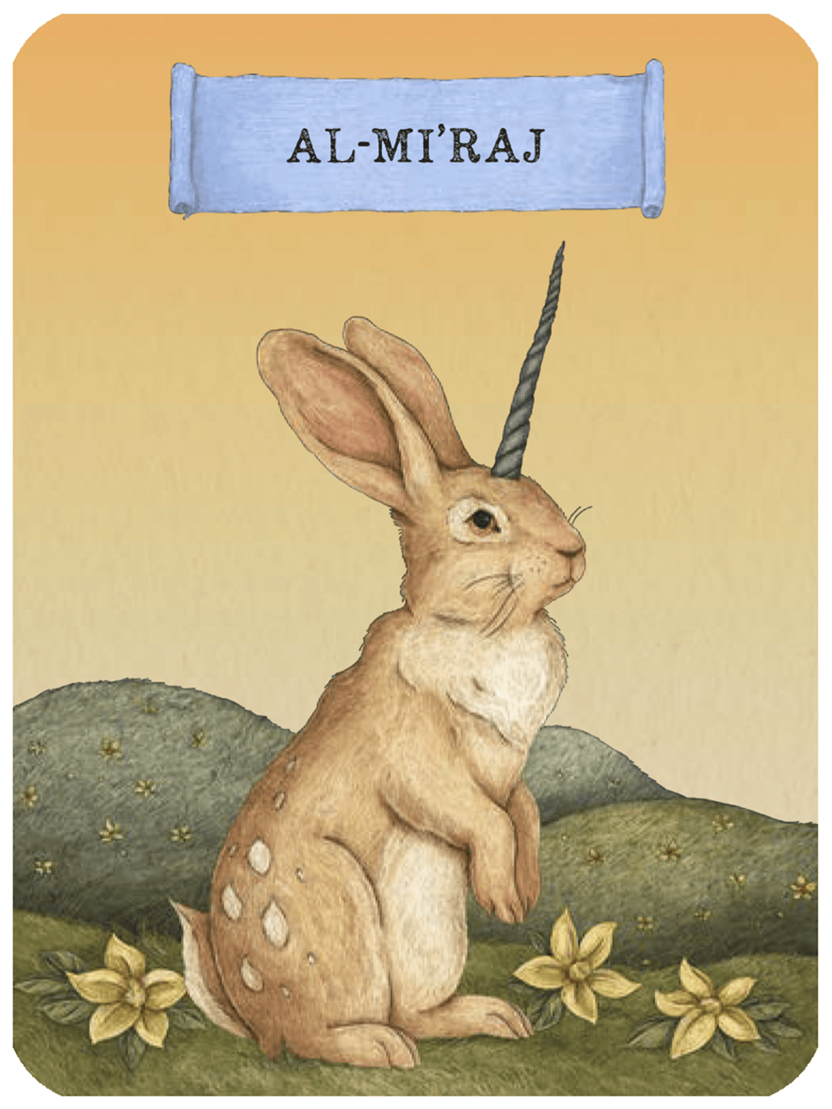 A square illustrated card or print featuring a tan rabbit with a single horn, seated in a grassy landscape with yellow flowers and a blue scroll at the top reading “AL-MI'RAJ.”.
