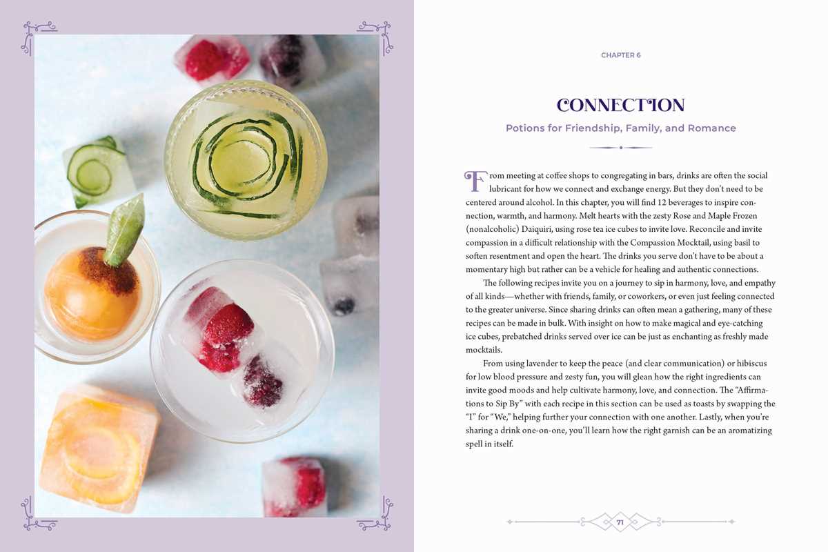 Page from a book featuring a cocktail recipe with garnishes and text on a light purple background