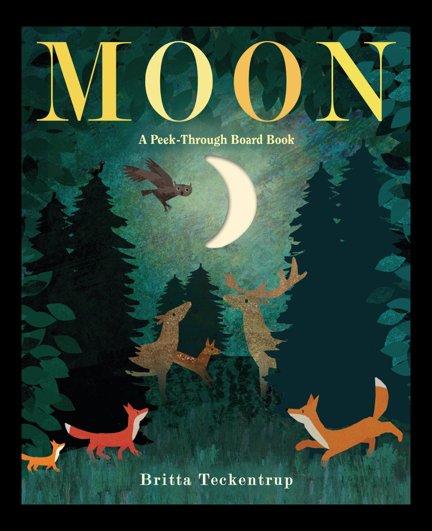 Book cover of 'MOON' with animals in a forest and peek-through design.