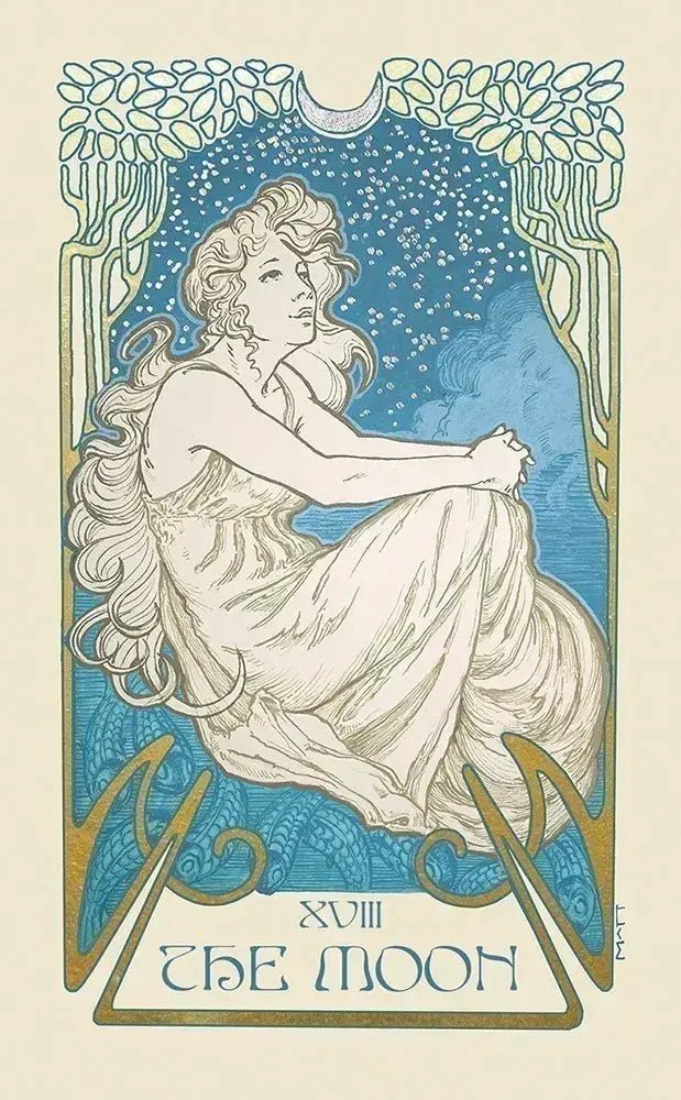 Art Nouveau-style illustration of a woman titled 'The Moon'.