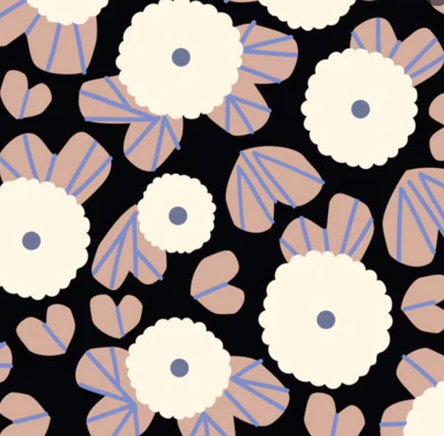 A repeating floral pattern featuring cream-colored flowers with scalloped edges, blue centers, and dusty pink leaves with blue stripes on a black background.