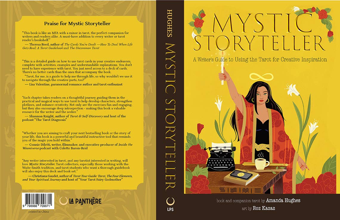 Book cover of 'Mystic Storyteller' with a woman, typewriter, and flowers on a yellow background