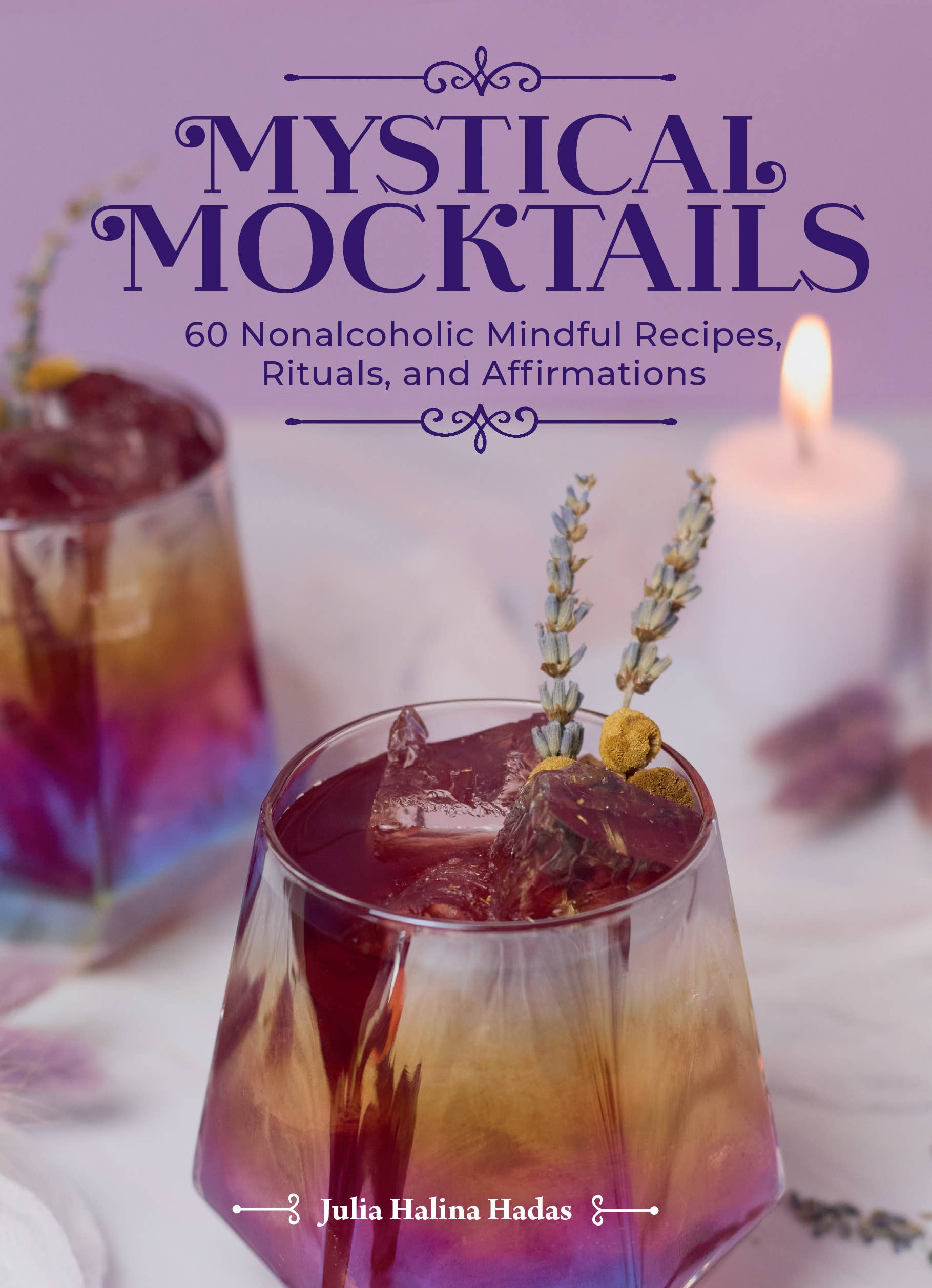 Book cover of 'Mystical Mocktails' with a drink and candle on a purple background