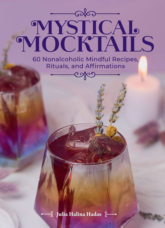 Book cover of 'Mystical Mocktails' with a drink and candle on a purple background