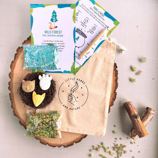 Nature-themed product set with a wooden board, bags, and small items on a light background