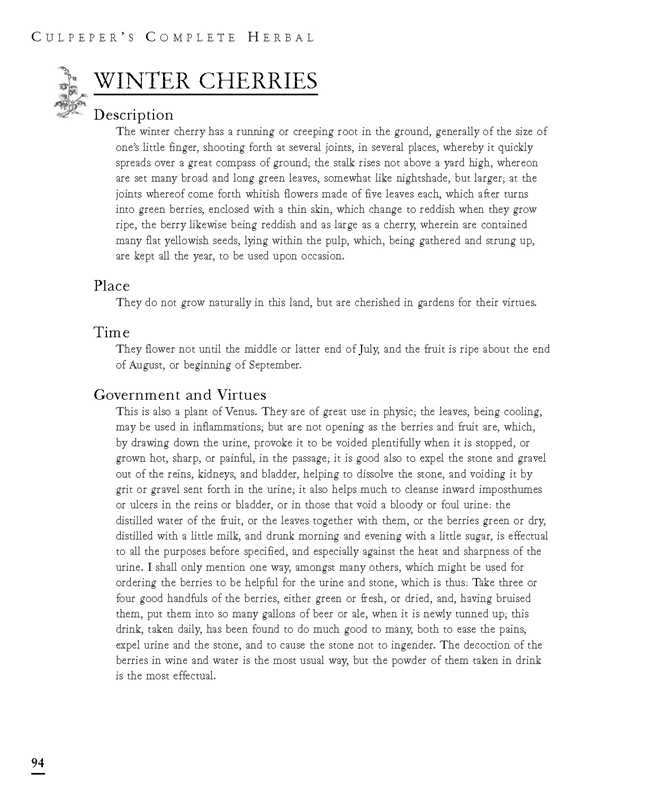 Text page from 'Culpeper's Complete Herbal' about winter cherries with a white background.