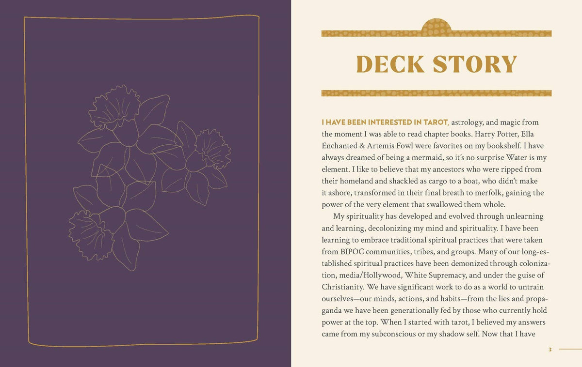 An open book spread showing a purple left page with a gold decorative border and the heading 'DECK STORY,' and a cream right page with a text excerpt about tarot and spirituality.