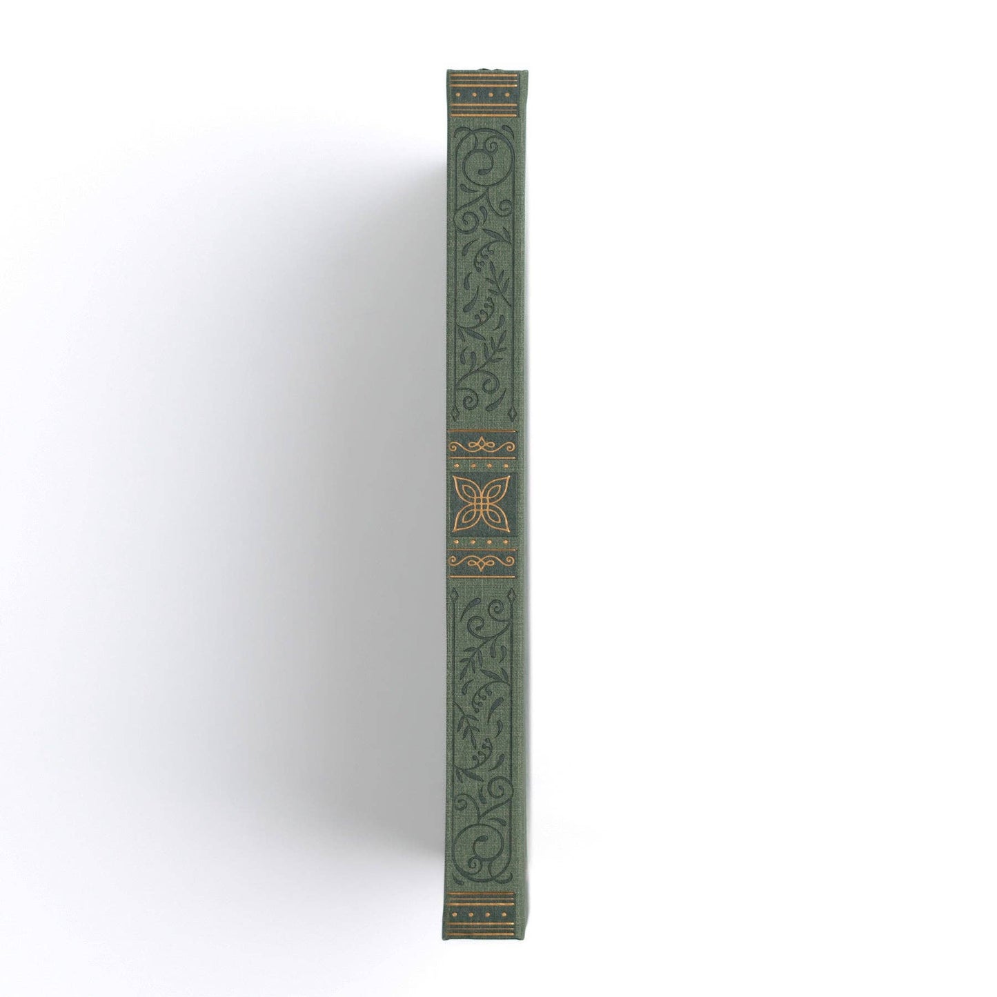 Decorative green book spinel with intricate patterns on a white background