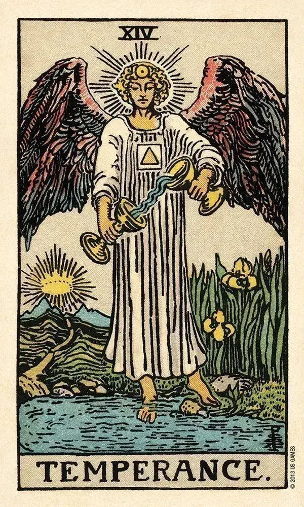 Tarot card featuring an angel with wings holding scales, labeled 'Temperance'.